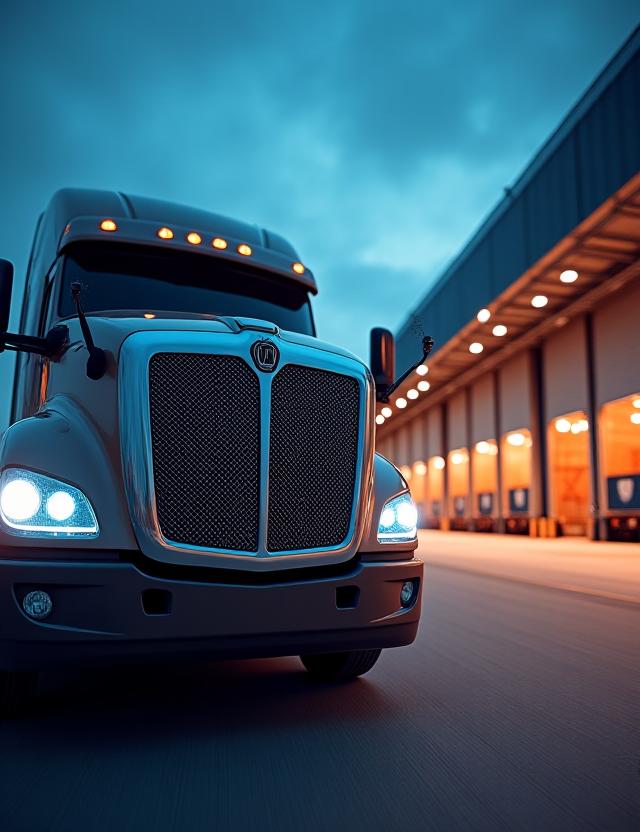 High-contrast dark industrial shipping facility with truck fleet